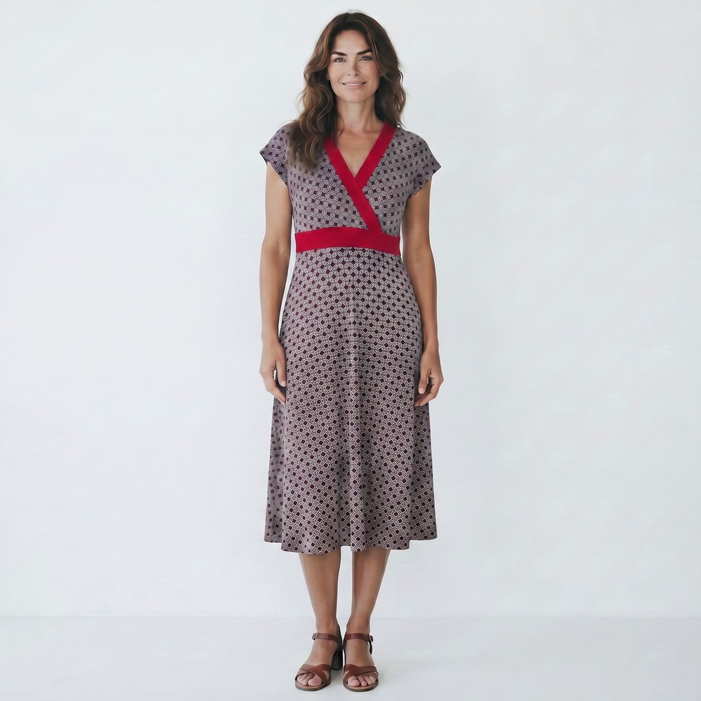Perceptions New York Geometric Print V-Neck Empire Midi Dress sz 14 Retro Mod